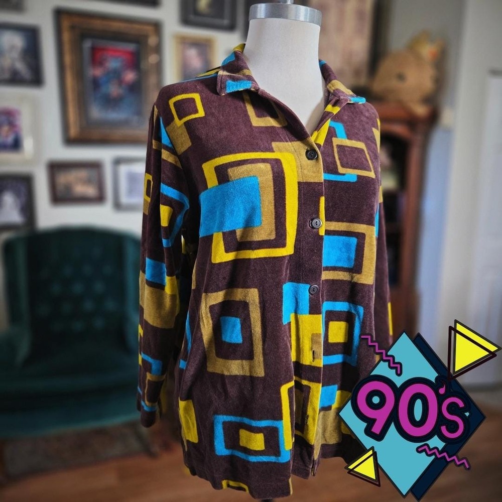 Onque Casuals Velour Shirt Vintage 90s Button Up Brown Geometric Top Size S